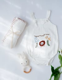 Image 2 of Jungle Pals | White | Baby Unisex Gift Hamper with Cotton Romper and Swaddle 