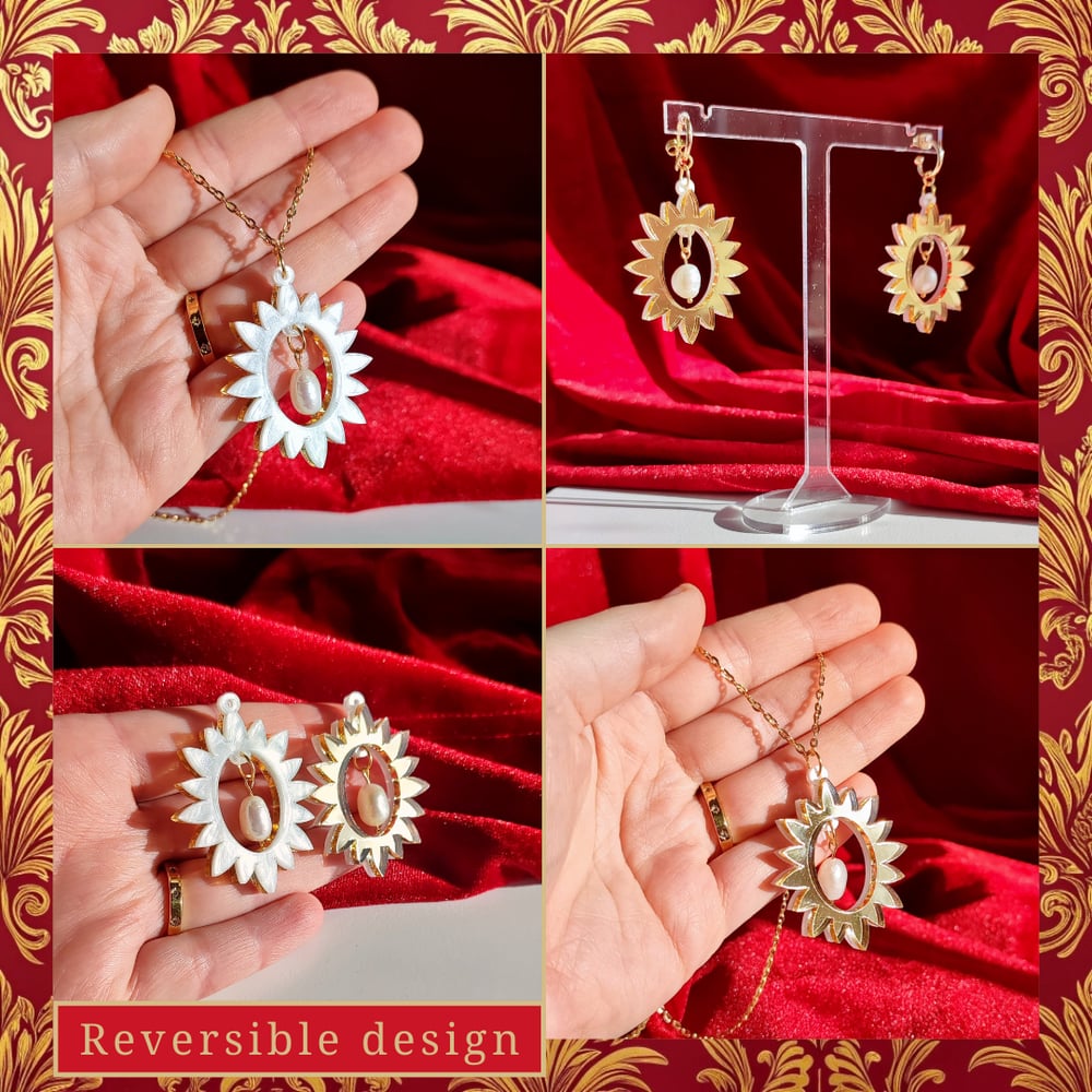 Image of Reversible Sacred Sun Statement Earrings with Freshwater Pearls