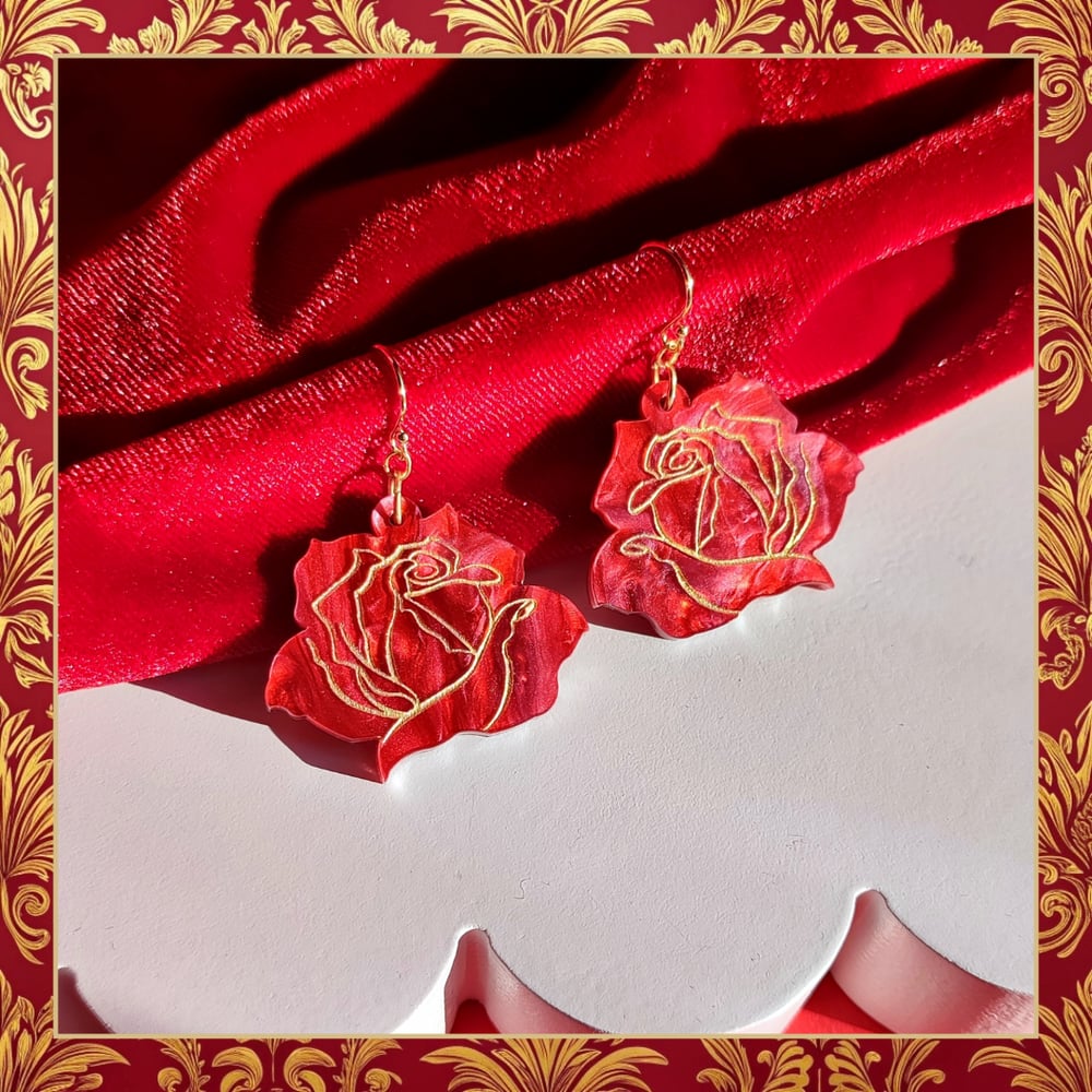 Image of Romantic Red & Gold Rose Drop Earrings