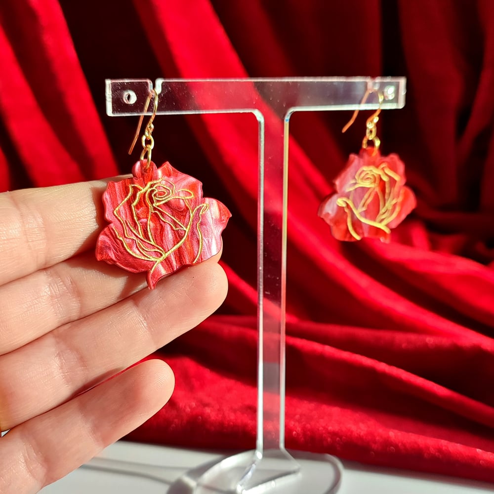 Image of Romantic Red & Gold Rose Drop Earrings