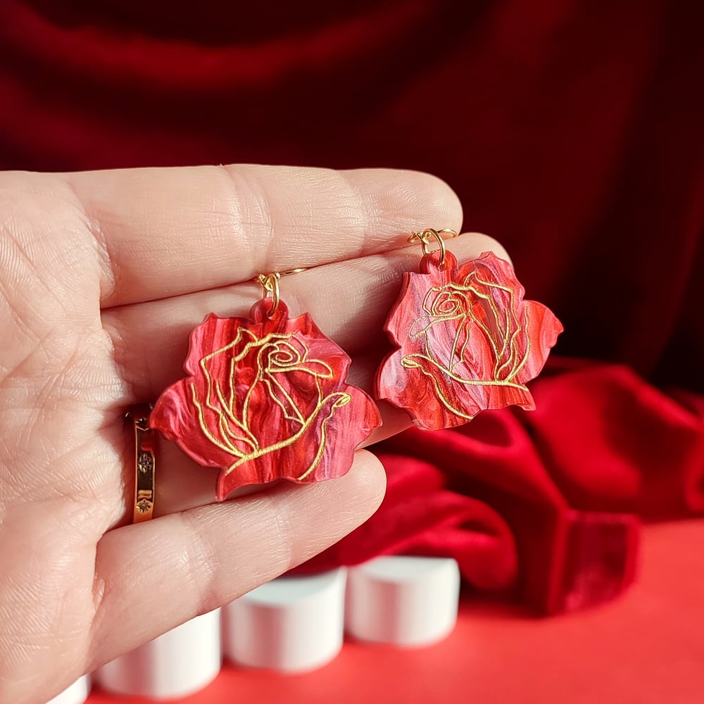 Image of Romantic Red & Gold Rose Drop Earrings