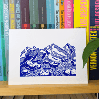 Linogravure Montagne Bleue