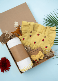 Image 1 of Yellow Sunshine | Baby Girl Gift Hamper with Muslin Swaddle and Toy