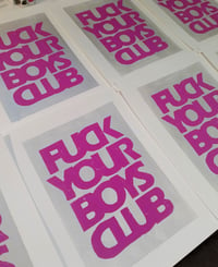 Image 2 of EMMA HARVEY 'Fuck Your Boys Club' [pink/silver] Limited edition lino print (2024)