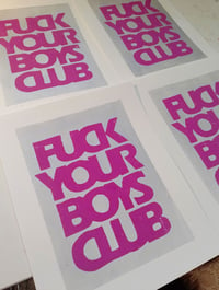 Image 3 of EMMA HARVEY 'Fuck Your Boys Club' [pink/silver] Limited edition lino print (2024)