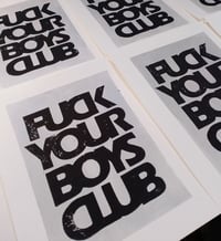 Image 3 of EMMA HARVEY 'Fuck Your Boys Club' [black/silver] Limited edition lino print (2024)