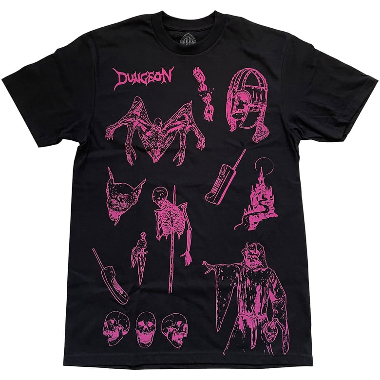 Image of 'TALES OF MYSTERY' - T-SHIRT - BLACK / NEON PINK