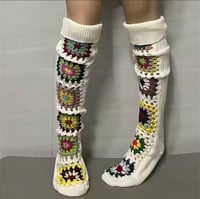 Image 2 of Cream crochet patchwork leg warmers 