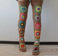 Image 2 of Brown Crochet Patchwork Leg Warmers 