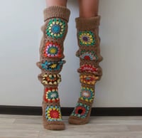 Image 1 of Brown Crochet Patchwork Leg Warmers 