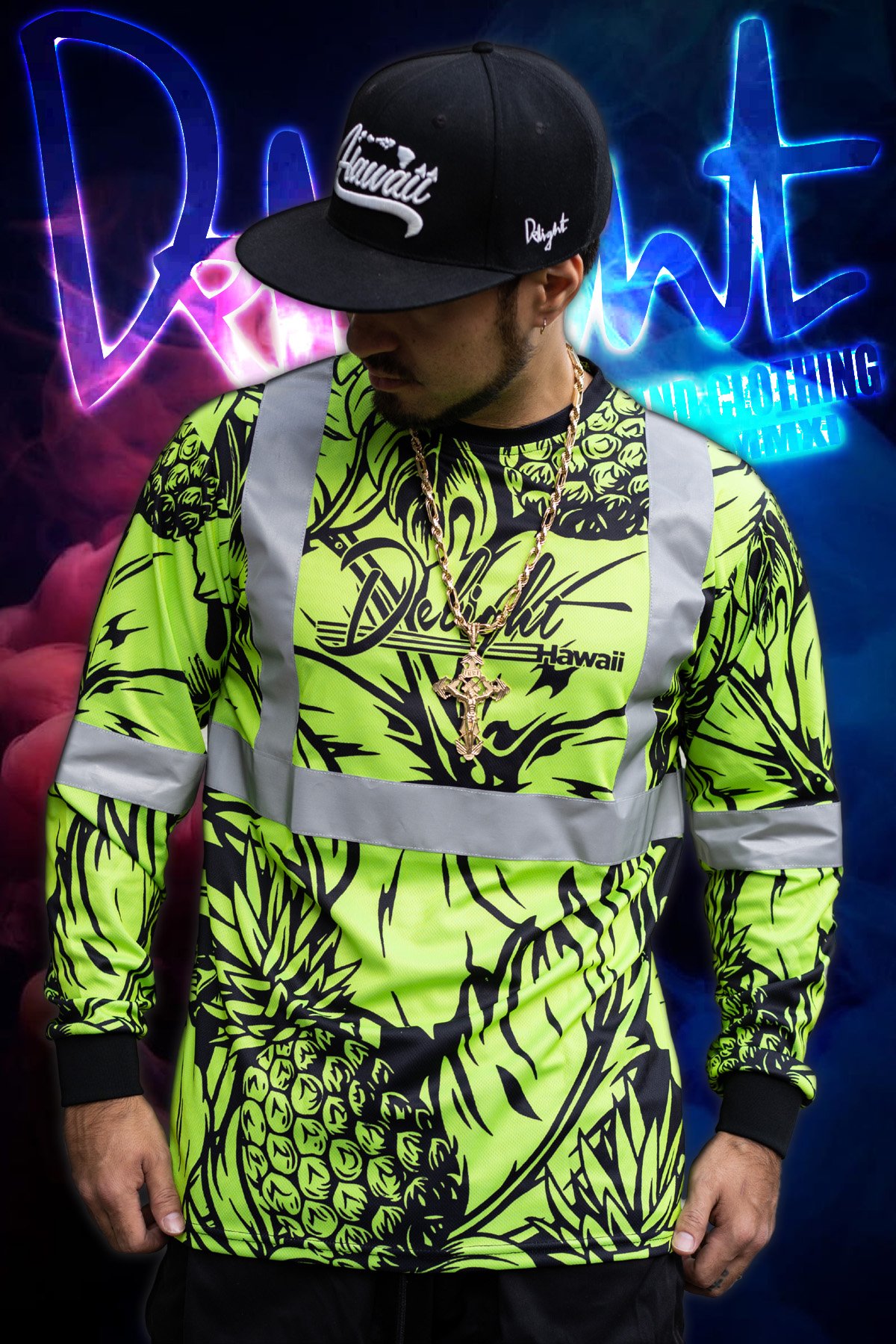 Delight Hawaii - Safety Green/Black Pineapple (Mesh) Long Sleeve