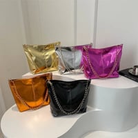 Image 1 of PU Leather Metallic Zipper Tote Bag