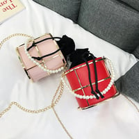 Image 1 of PU Leather Cylindrical Faux Pearl String Bucket Bag