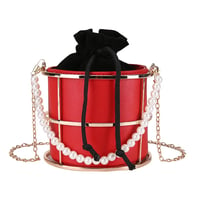 Image 3 of PU Leather Cylindrical Faux Pearl String Bucket Bag