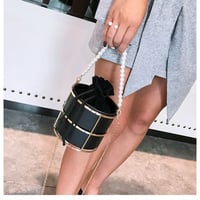 Image 6 of PU Leather Cylindrical Faux Pearl String Bucket Bag