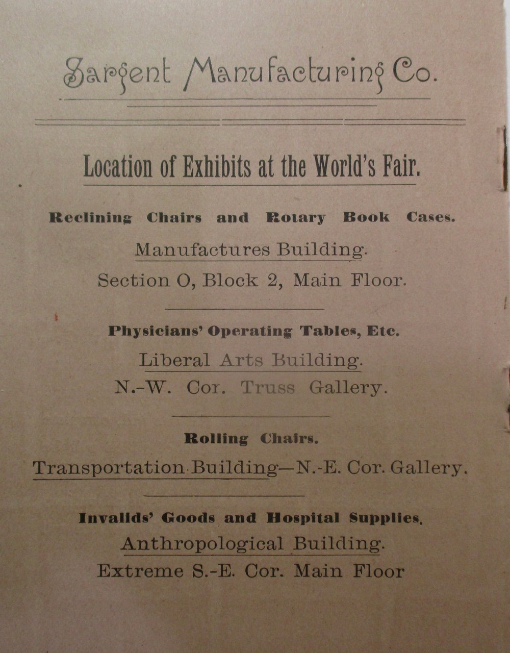 World's Columbian Exhibitor Brochure--Rocking Chairs, Wheel Chairs & More from the Sargent Co.