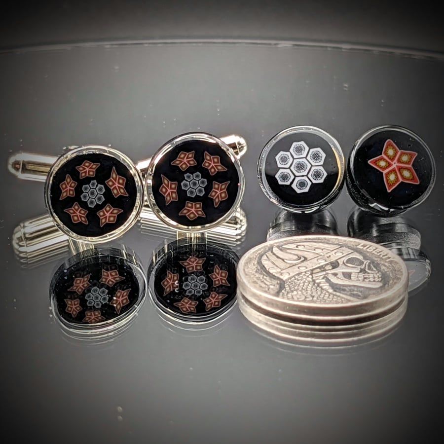 Image of Murrine Cuff Link/Tie Tack set - Black Chevron 