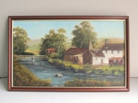 Image 1 of Vintage Oil Painting, Riverside Cottage Landscape by Stan Butler, Framed Size 19 6/10 x 12 1/10 ins 