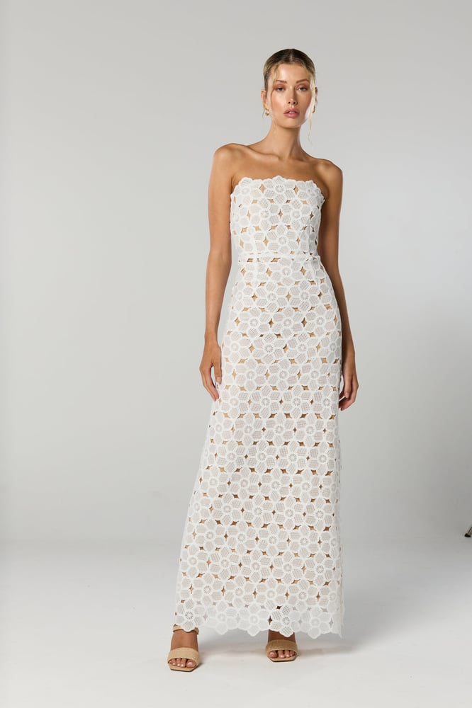Image of Evie Strapless Midi Dress. White Floral Lace. By Winona Australia.