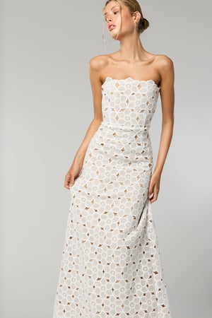 Image of Evie Strapless Midi Dress. White Floral Lace. By Winona Australia.
