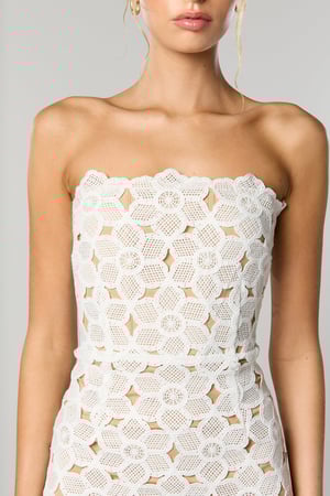 Image of Evie Strapless Midi Dress. White Floral Lace. By Winona Australia.