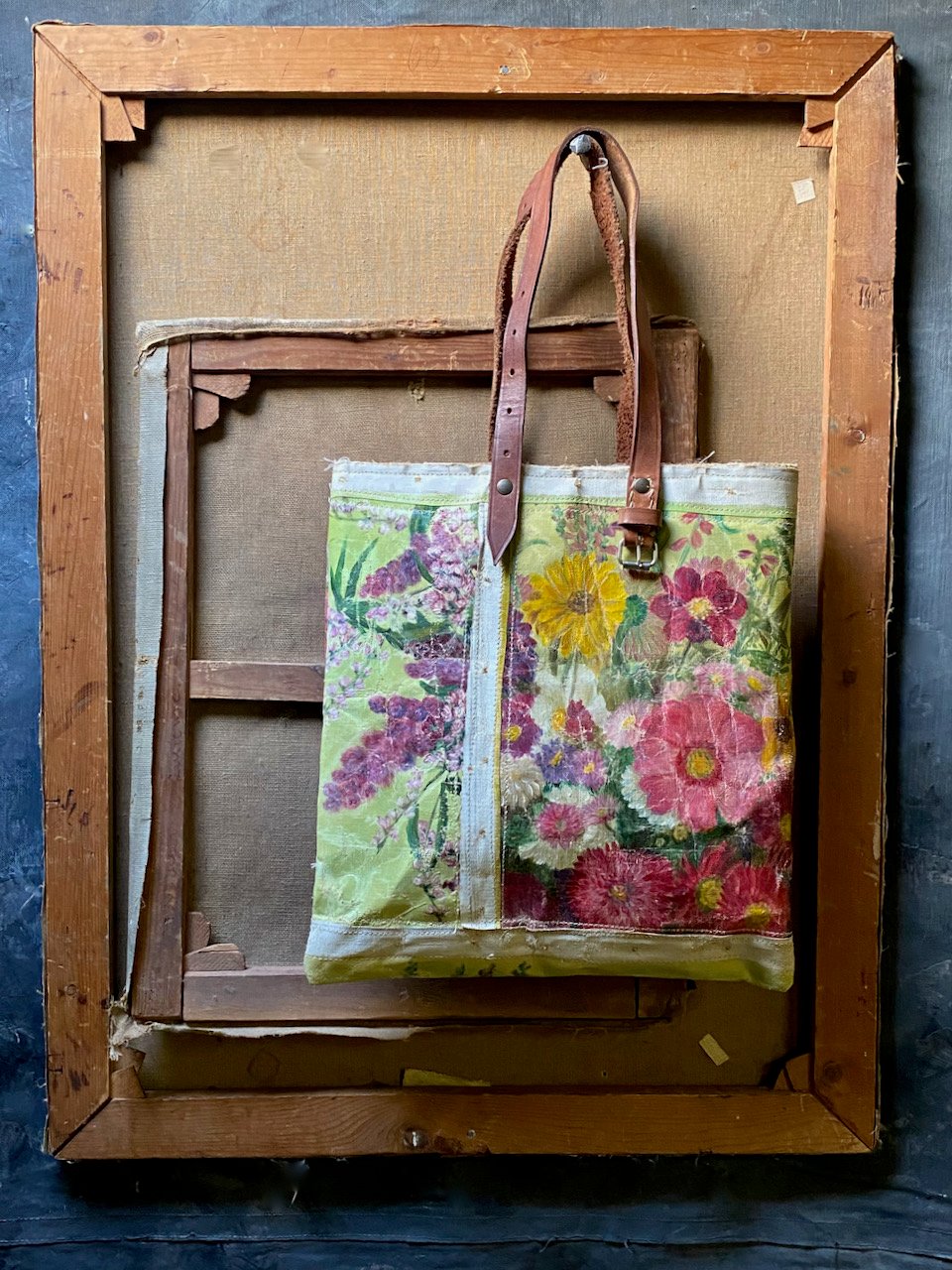 Image of one of a kind painting bag - collaged blooms