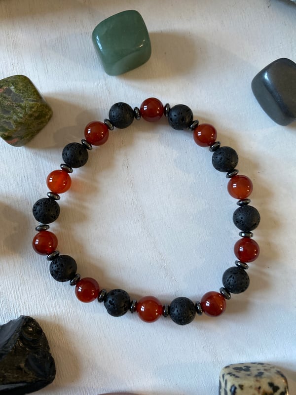 Image of 8mm Lava Stone & Carnelian Bracelet with Hematite