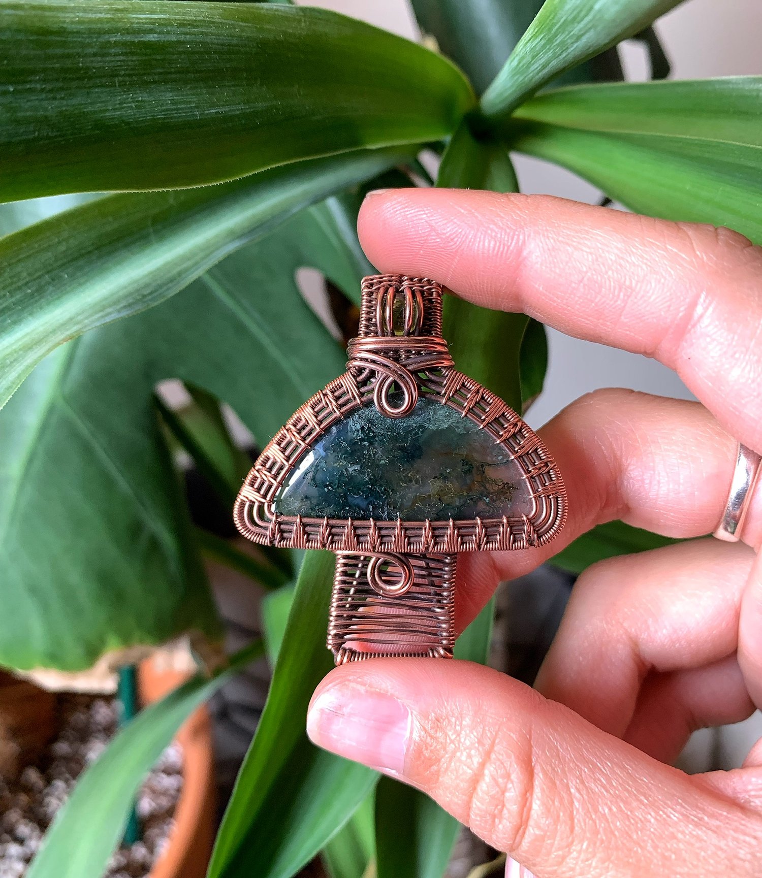 Moss Agate & Peridot Mushroom Pendant