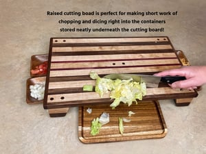 Image of Walnut, Maple and Purple Heart Raised Cutting Board with catch bowls and plate, Chopping Board