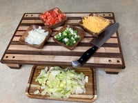 Image 5 of Walnut, Maple and Purple Heart Raised Cutting Board with catch bowls and plate, Chopping Board