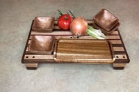 Image 2 of Walnut, Maple and Purple Heart Raised Cutting Board with catch bowls and plate, Chopping Board