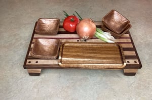 Image of Walnut, Maple and Purple Heart Raised Cutting Board with catch bowls and plate, Chopping Board