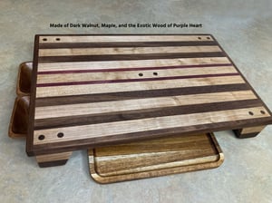 Image of Walnut, Maple and Purple Heart Raised Cutting Board with catch bowls and plate, Chopping Board