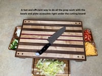 Image 6 of Walnut, Maple and Purple Heart Raised Cutting Board with catch bowls and plate, Chopping Board