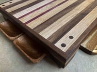 Image 8 of Walnut, Maple and Purple Heart Raised Cutting Board with catch bowls and plate, Chopping Board