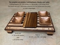 Image 9 of Walnut, Maple and Purple Heart Raised Cutting Board with catch bowls and plate, Chopping Board