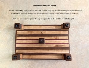 Image of Walnut, Maple and Purple Heart Raised Cutting Board with catch bowls and plate, Chopping Board