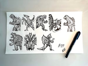 Image of Godzilla Rodan Mothra Gigan King Ghidorah Anguirus Gamera Original Ink Drawings