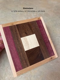 Image 2 of Wooden Trivet of Dark Walnut, Maple, Purple Heart with Pine in center