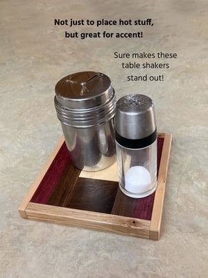 Image of Wooden Trivet of Dark Walnut, Maple, Purple Heart with Pine in center