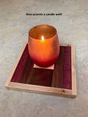 Image of Wooden Trivet of Dark Walnut, Maple, Purple Heart with Pine in center