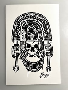 Image of Mayan Skull Crown Original Ink Drawing