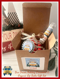 Image 1 of Merry Bus Driver Handcrafted Ornament & Organic Lip Balm Holiday Gift Set