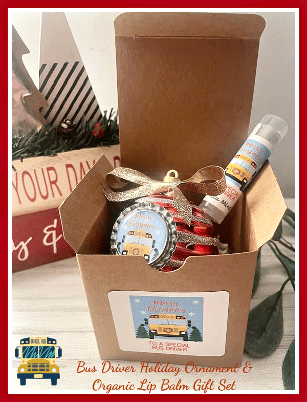 Image of Merry Bus Driver Handcrafted Ornament & Organic Lip Balm Holiday Gift Set