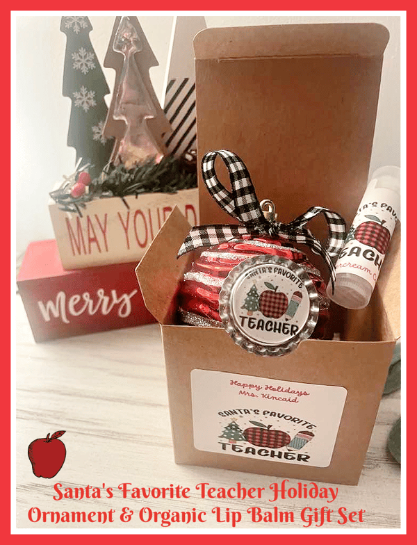 Image of Santa's Favorite Teacher Handcrafted Ornament & Organic Lip Balm Holiday Gift Set 