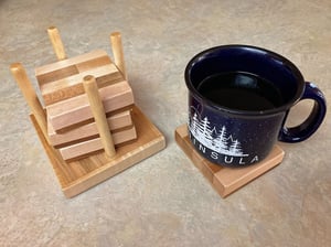 Image of Oak and Maple Coaster Set with holder, Tricolored Wooden Coasters, Unique Gift