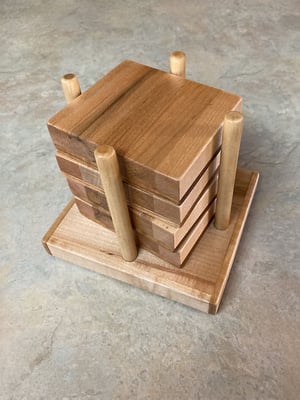 Image of Oak and Maple Coaster Set with holder, Tricolored Wooden Coasters, Unique Gift