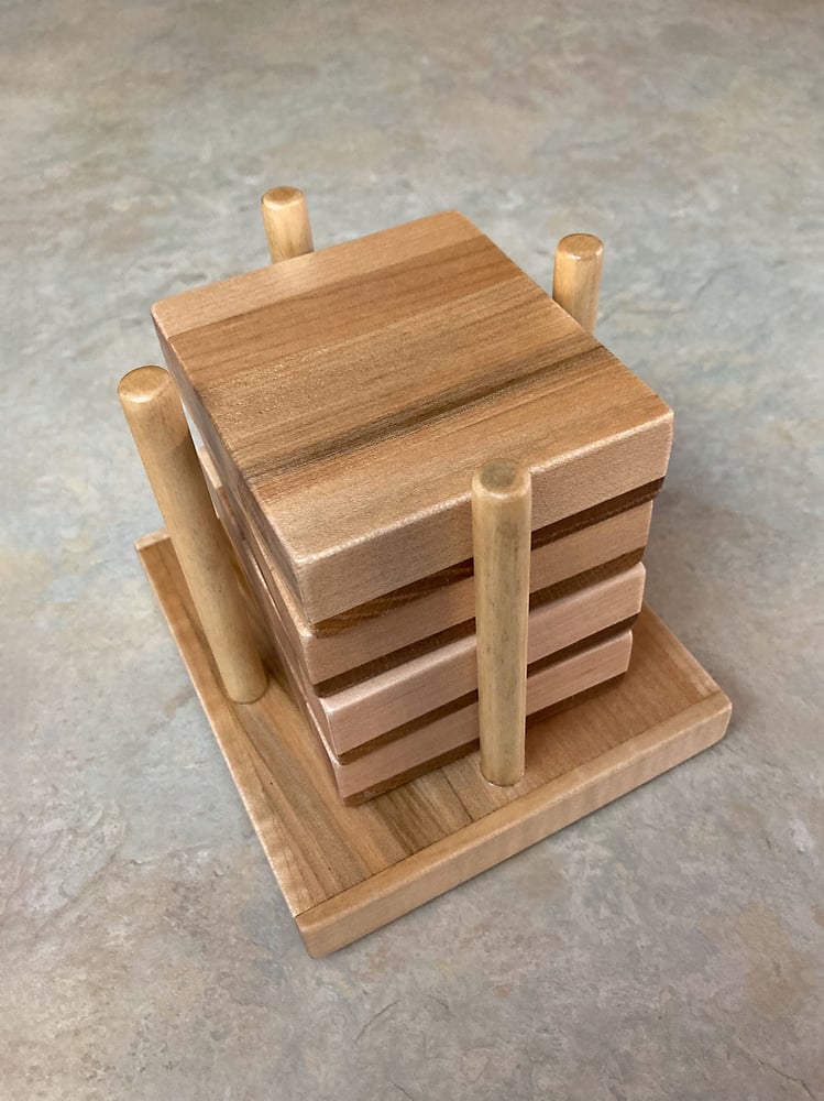 Image of Oak and Maple Coaster Set with holder, Tricolored Wooden Coasters, Unique Gift