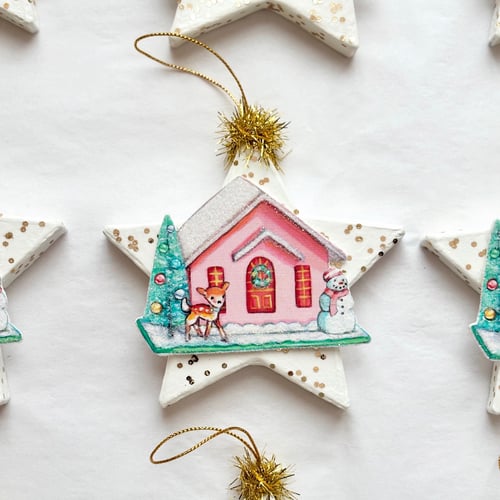 Image of Pink Putz House glitter star ornament 