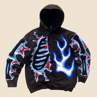 Image 1 of REWORKED CRACKY 3D PUFF SKELETON WITH BLUE FLAME SUN FADED HOODIE SIZE LARGE